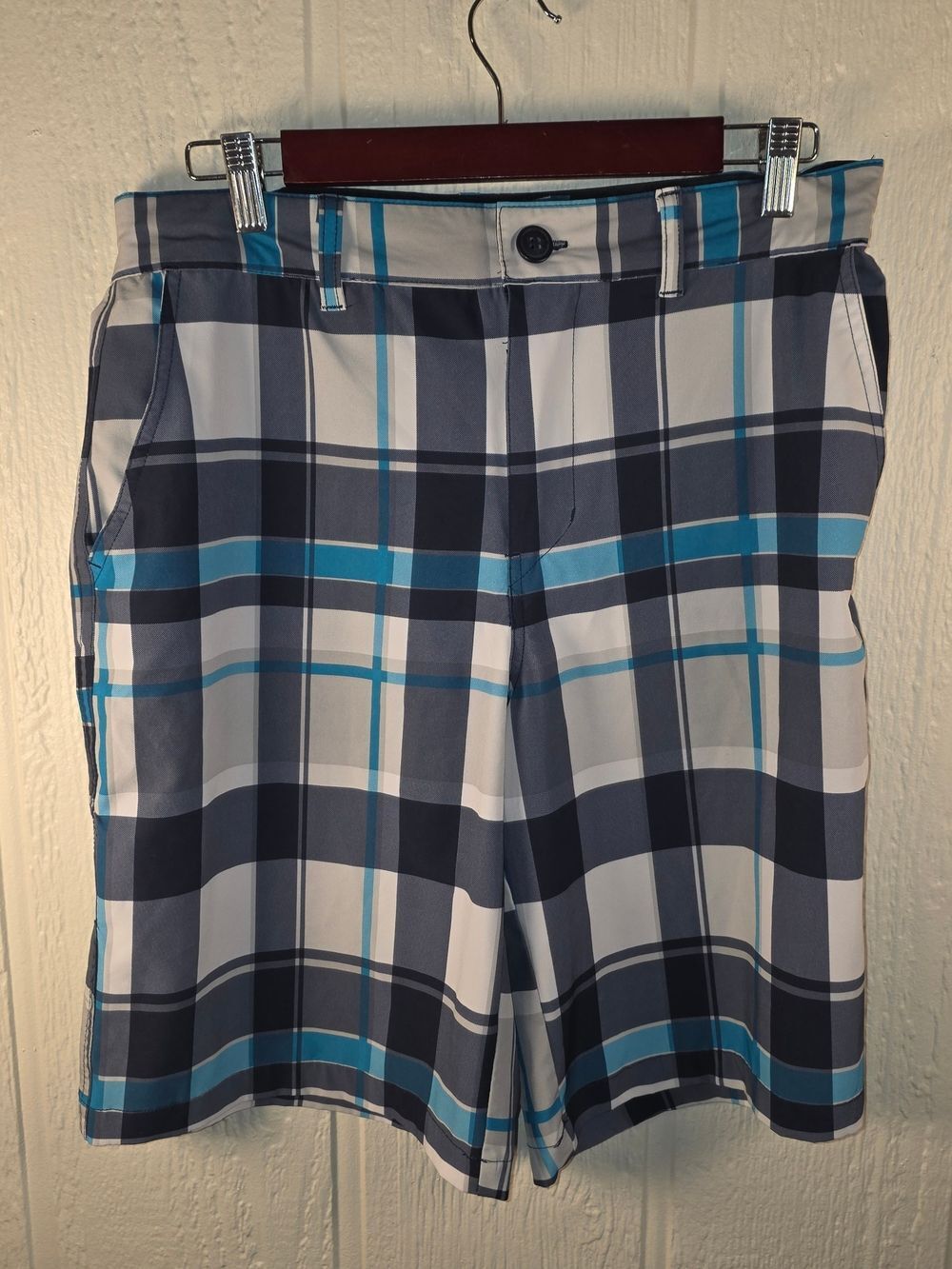 OP Men’s Plaid Hybrid Shorts in Navy, White & Teal, Size 32
